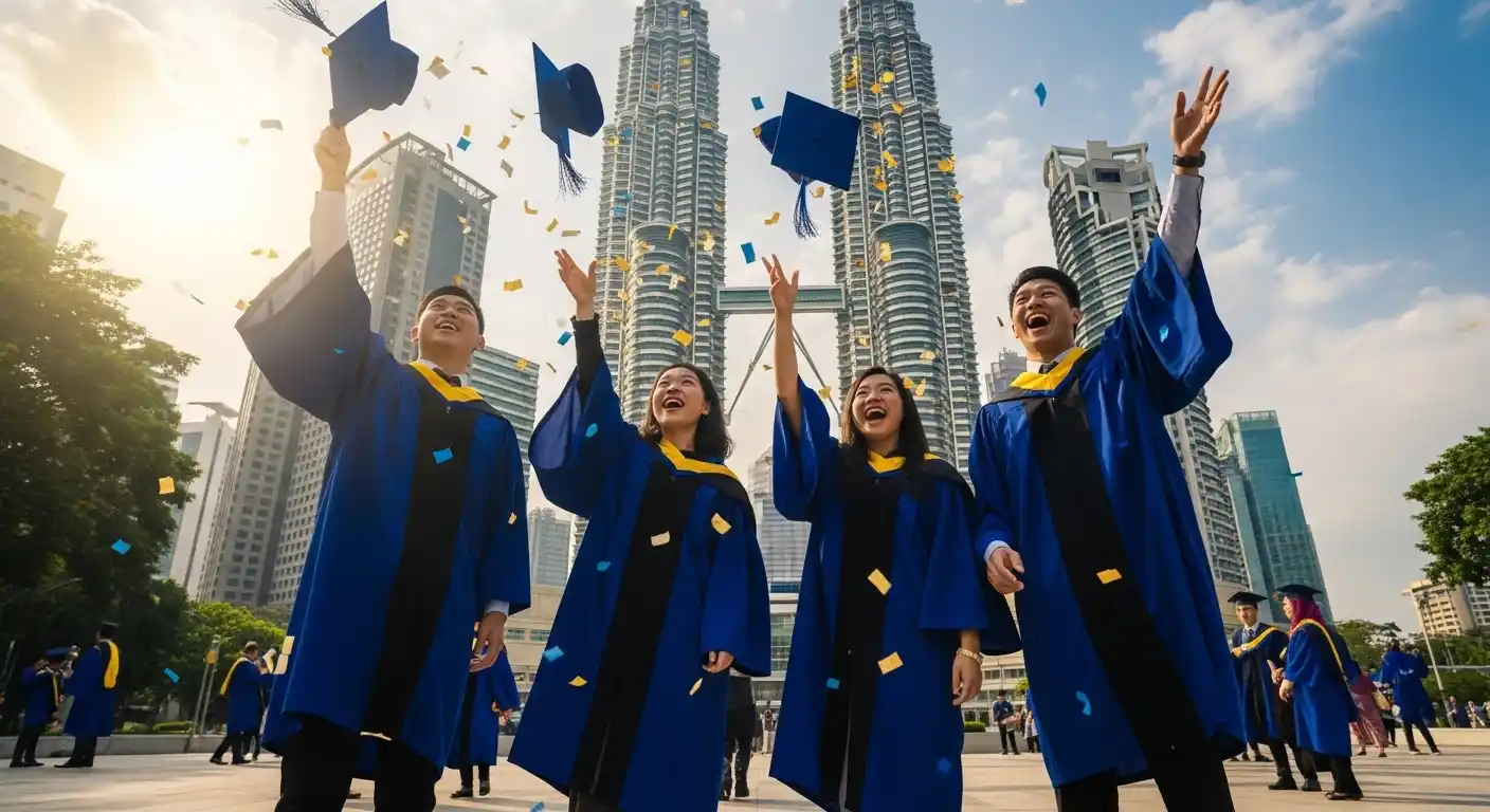 A group of four university graduates in blue gowns and caps joyfully celebrate their achievement by tossing their caps into the air in front of the Petronas Twin Towers in Kuala Lumpur, Malaysia. The scene captures a vibrant moment of success, pride, and new beginnings, with the iconic skyscrapers towering behind them under a bright sky. The graduates are diverse, smiling, and full of energy, symbolizing academic accomplishment and cultural unity.